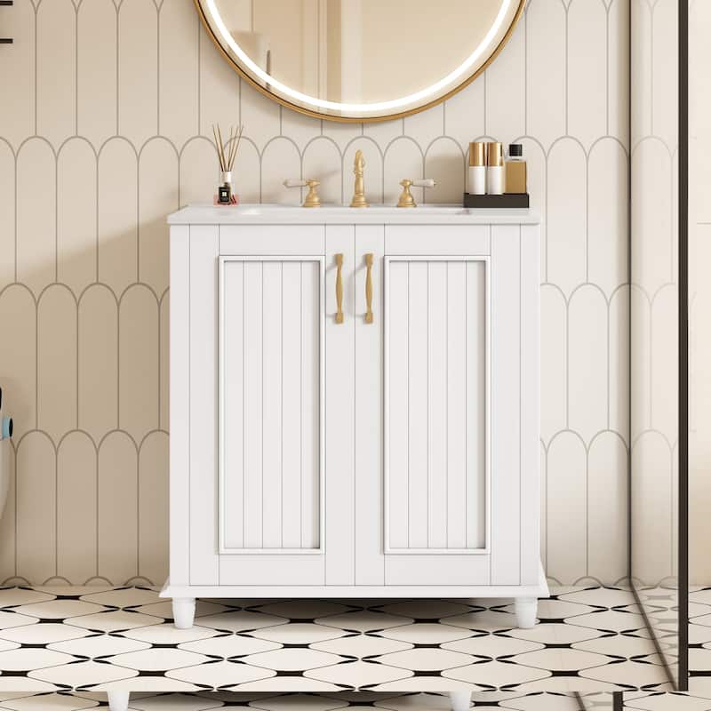 Rural Pastoral Style Bathroom Vanity Freestanding Vertical Stripe Cabinet with Ceramic Sink, Hidden Drawer and Gold Handles - White