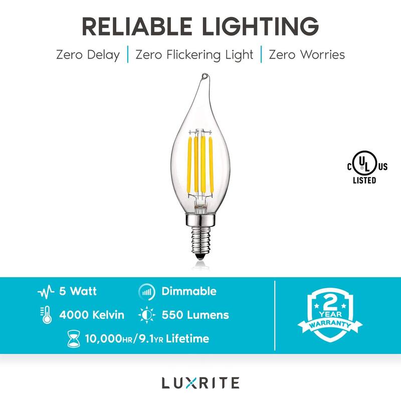 Luxrite Vintage Candelabra LED Bulb 4000K Cool White 550lm 5W=60W Dimmable Flame Tip Clear Glass E12 Base (12 Pack)