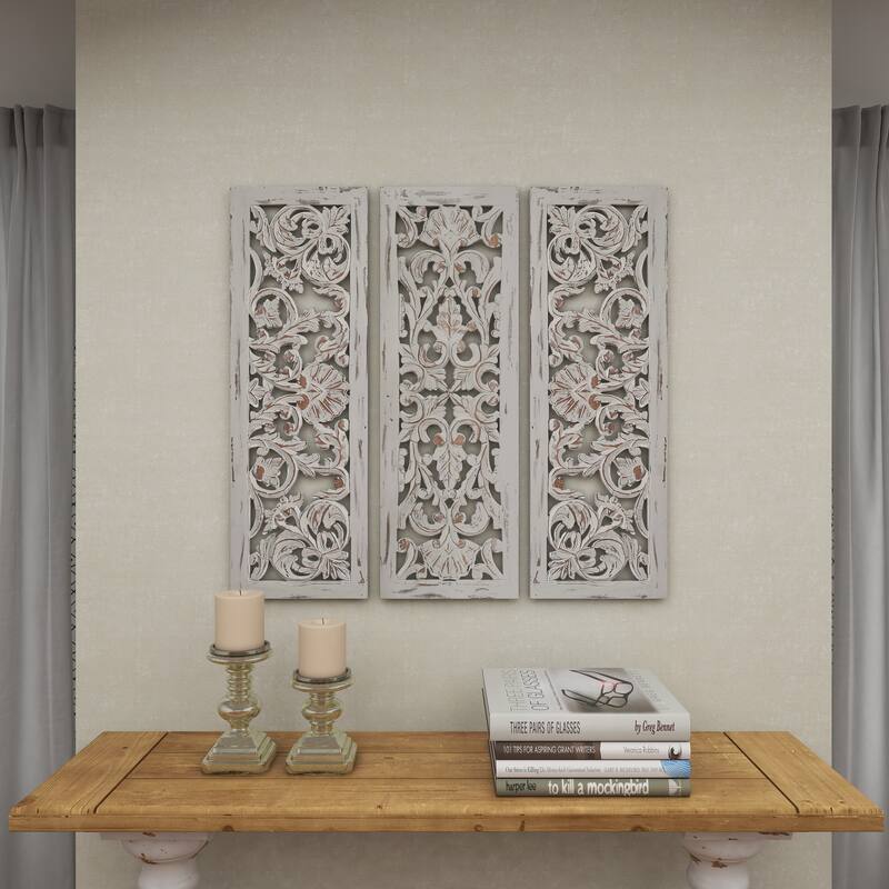 White Wooden Handmade Intricately Carved Floral Home Wall Decor (Set of 3)