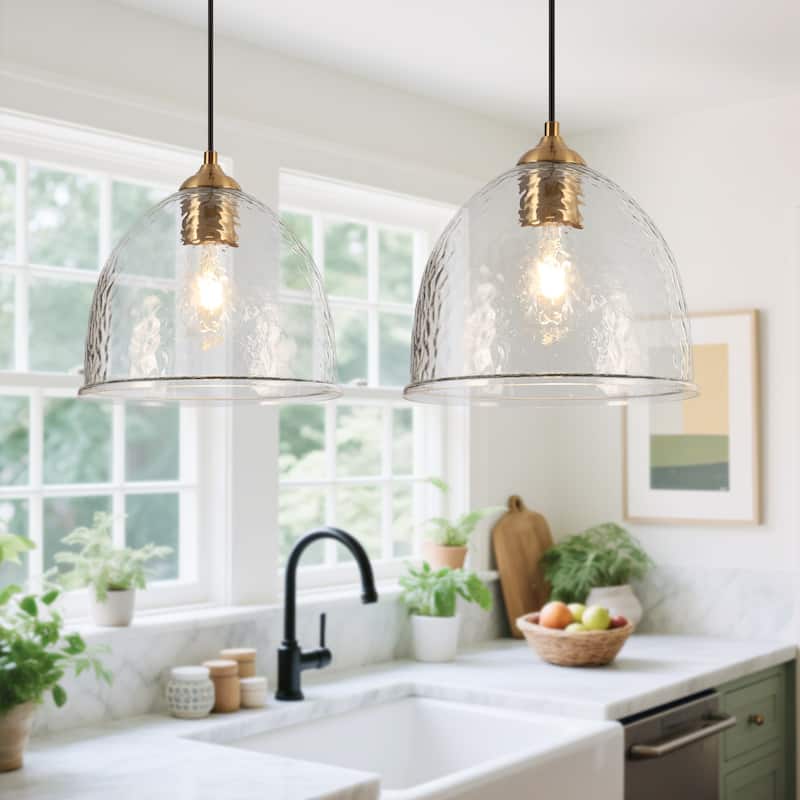Coria 10-inch Modern Farmhouse Dome Waterfall Glass Pendant Lights with Bowl Hammered Art Shade