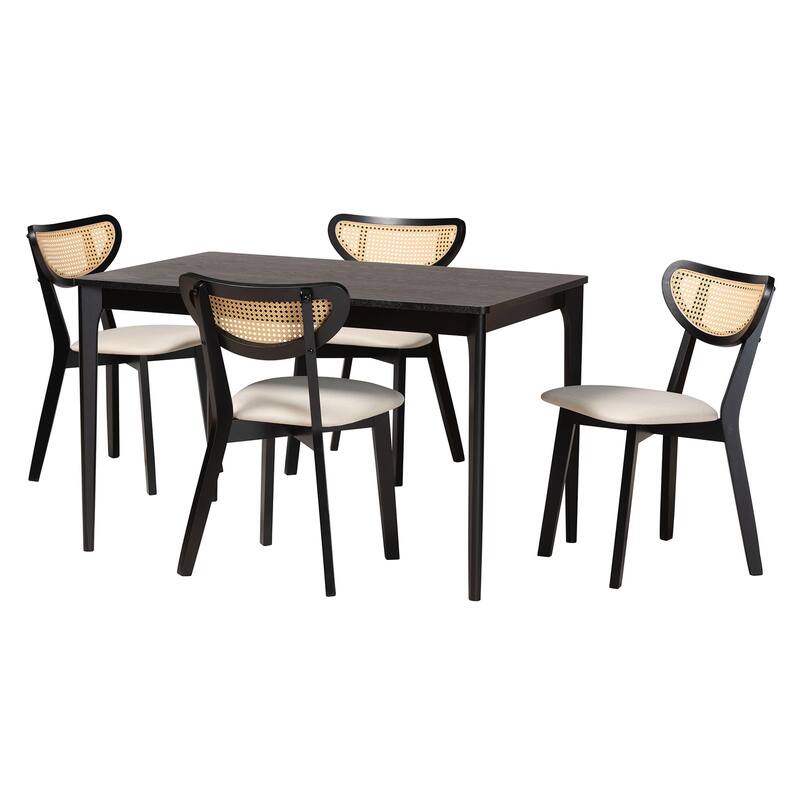 Dannell Mid-Century Modern Fabric and Wood Dining Set - Cream, Black, Light Brown - 5PC Dining Set