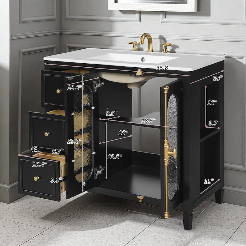 36 Inch Bathroom Vanity with Sink, Modern Freestanding Cabinet with 2 Soft-Close Doors, 3 Storage Drawers, Solid Wood Frame