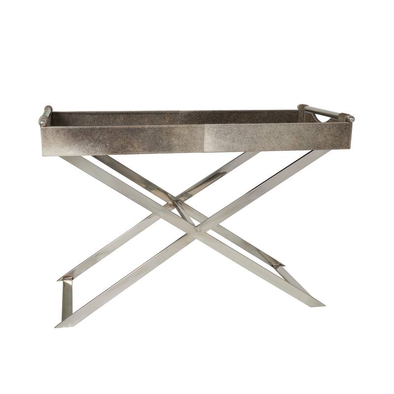 Gray Leather Tray Table Accent Table with Silver Legs and Handles