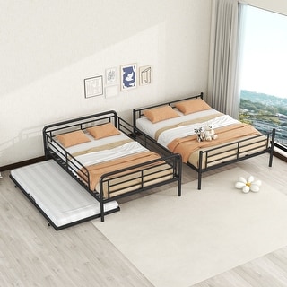 Contemporary & Simple Style Full XL over Queen Metal Bunk Bed with Twin Size Trundle, Save Space or Split Into 2 Beds, Black