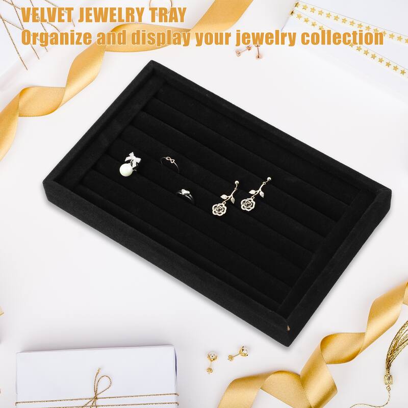 Velvet 7 Slots Jewelry Trays Stackable Tray for Rings Earrings Studs - Black