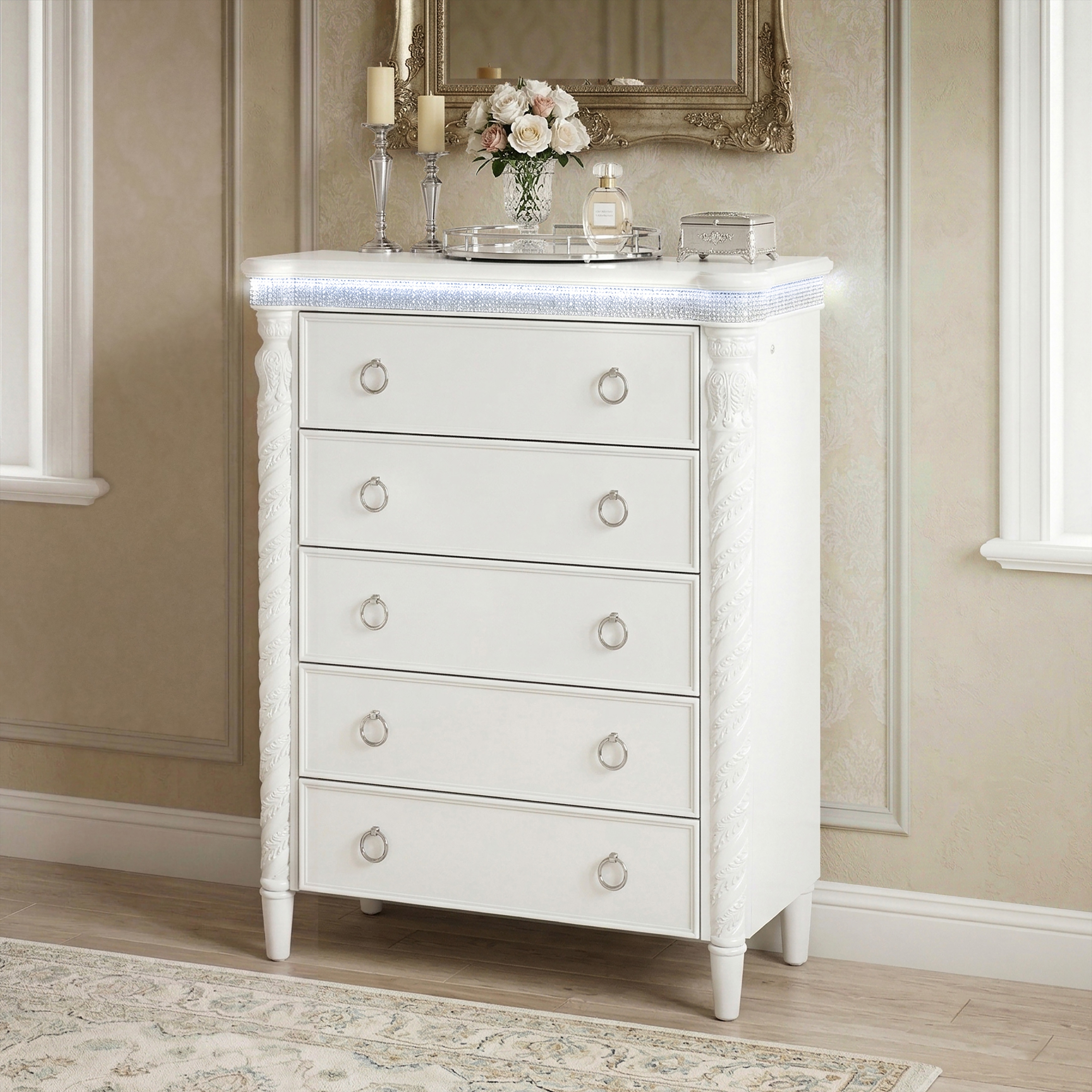 Furniture of America Perla Glam Pearl White Solid Wood 5-Drawer Chest with LED Light