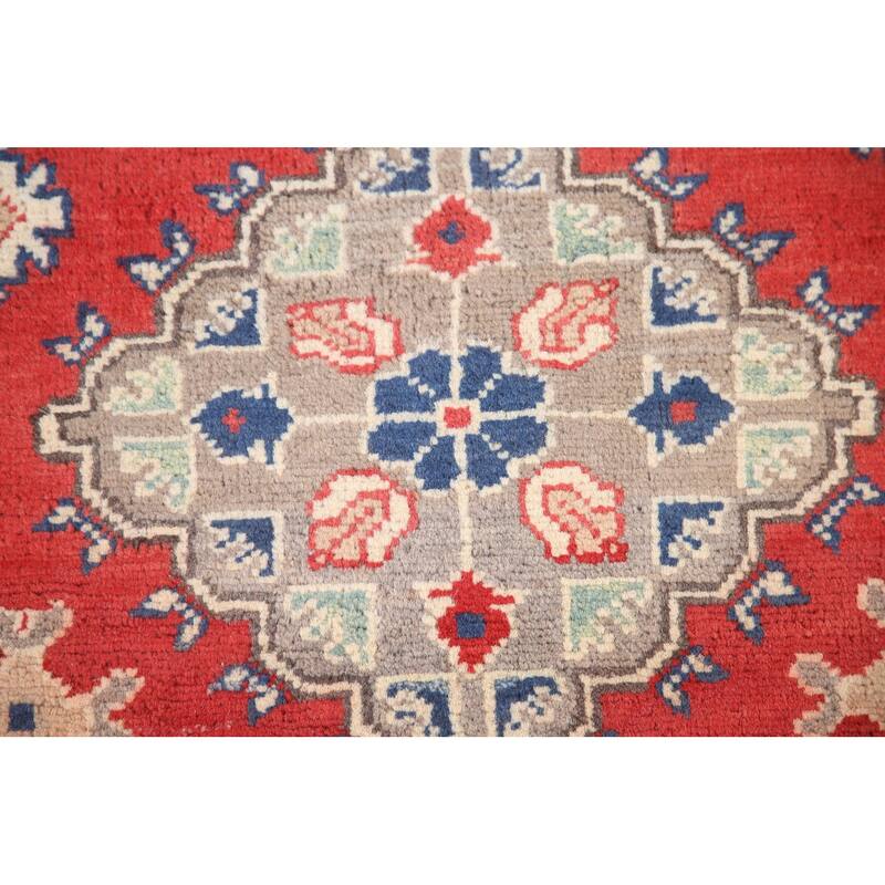 Hand Knotted Oriental 100% Wool Carpet Traditional Geometric Red Kazak Runner Rug - 9' 3'' X 2' 9''