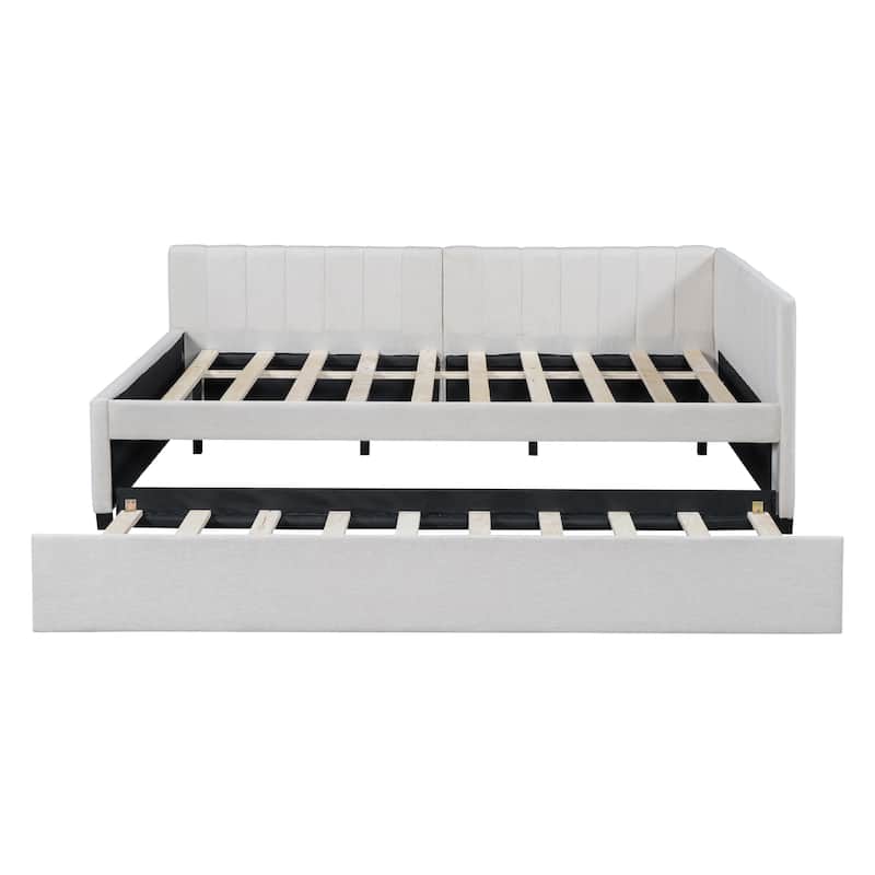 Beige Full Size Upholstered Daybed with Two Storage Drawers