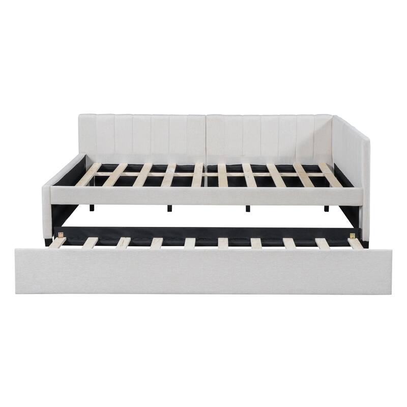 L-Shaped Backrest Daybed Upholstered Daybed Frame Classic Wood Slats Design with 2 Storage Drawers or Trundle, Full Size