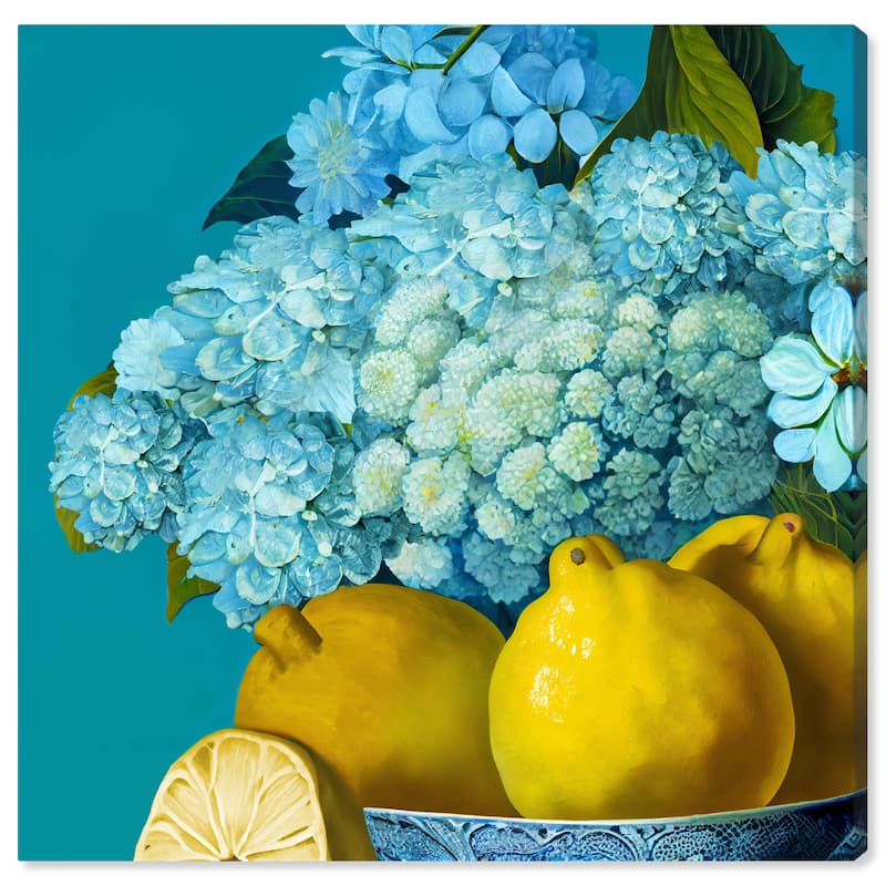 Wynwood Studio Canvas Floral and Botanical Hydrangeas and Lemons Blue and Teal Traditional Wall Art Canvas Print