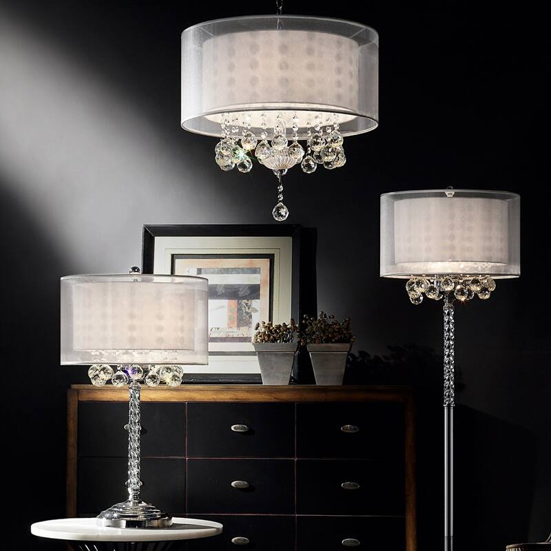 Silver Metal Candelabra Floor Lamp with White Fabric Drum Shades and Inline Switch - 17” x 17” x 62.5” (D x W x H)