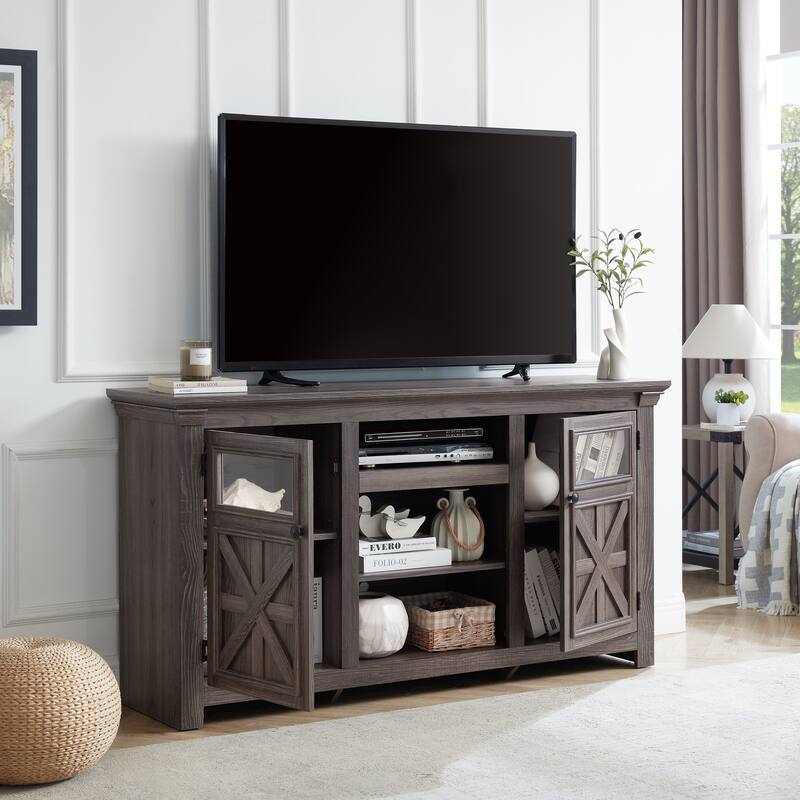 Farmhouse TV Stand, 2-Door Cabinet Media Stand with Barn Design and Open Shelving, for Living Room, Grey