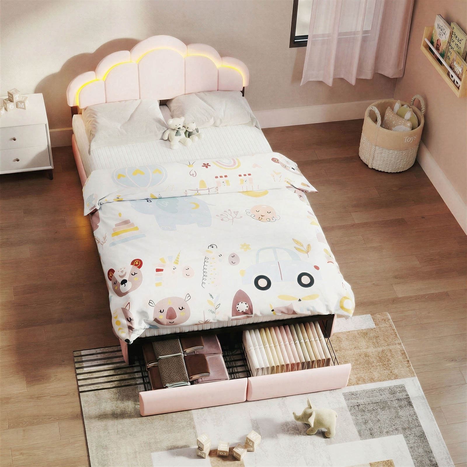 RGB LED Upholstered Platform Bed with Petal Headboard & Storage Drawers