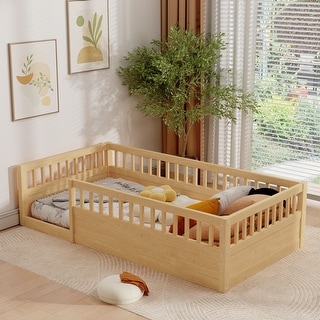 Wood Twin Floor Bed Frame with Fence, Kids Beds Frame for Bedroom Playroom