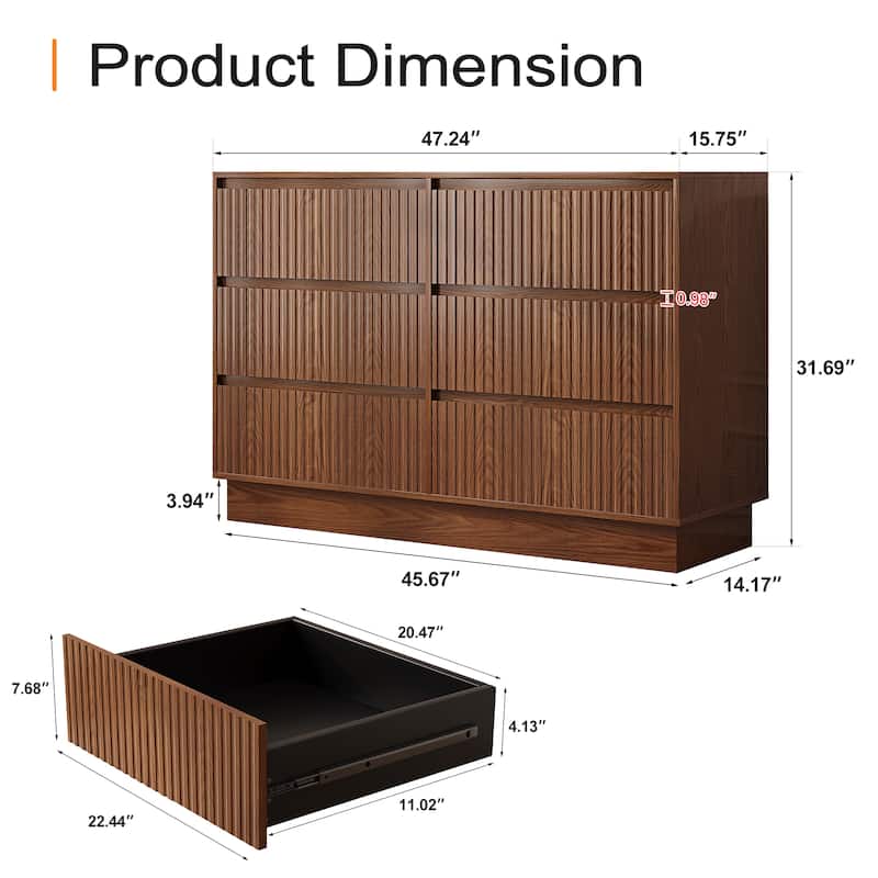 6 Drawers 47.3'' W Double Dresser With Walnut Waveform Fluted Panel Versatile Storage