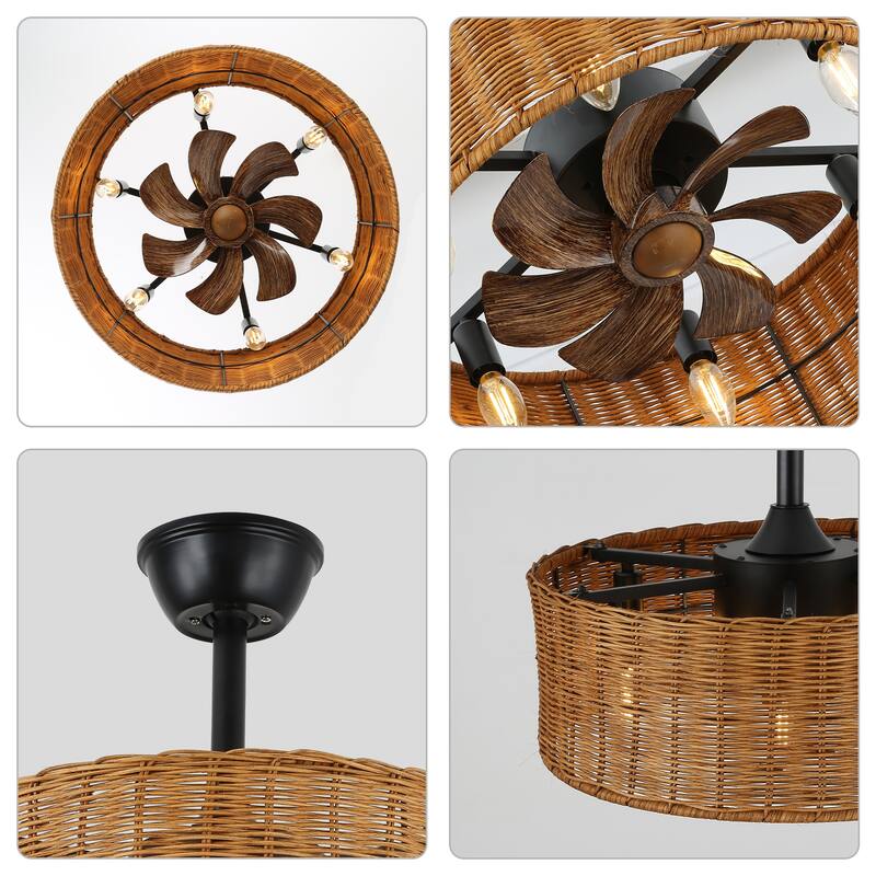 Bella Depot 18" Rustic Rattan Ceiling Fan 6-Speed Reversible Fan with 4 Light and Remote DC Motor
