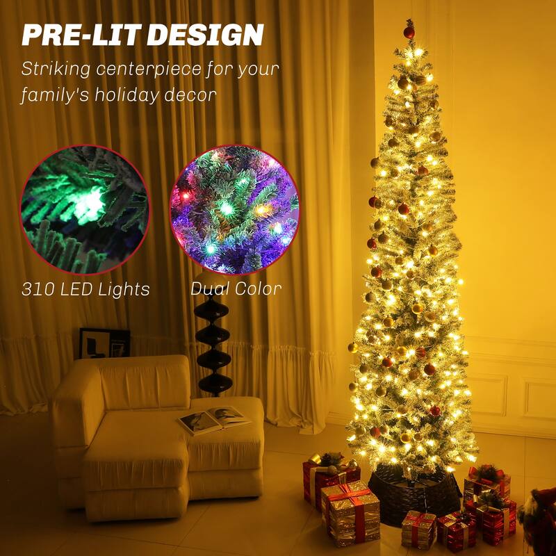 6/7.5/9FT Pre-Lit Flocked Pencil Artificial Christmas Tree with Dual Color LED Lights & Metal Stand