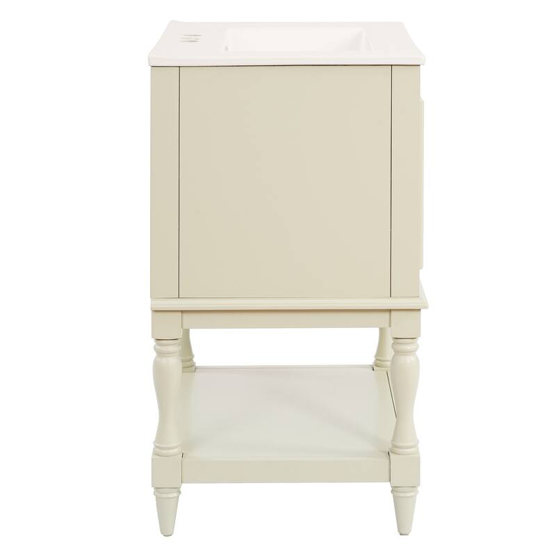 24" Modern Luxury Bathroom Vanity with Ceramic Sink, Compact Cabinet with Open Shelf & Closed Storage