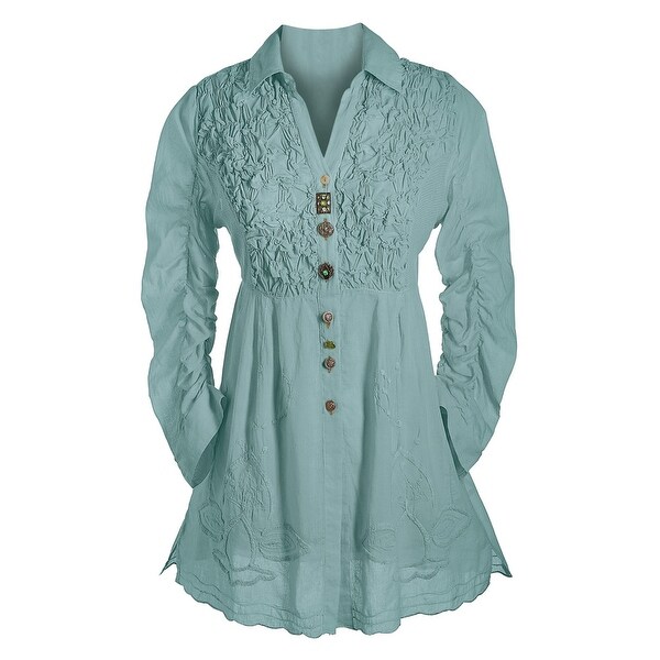 Women's Tunic Top - Button Down 3/4 Sleeve Collared Blouse