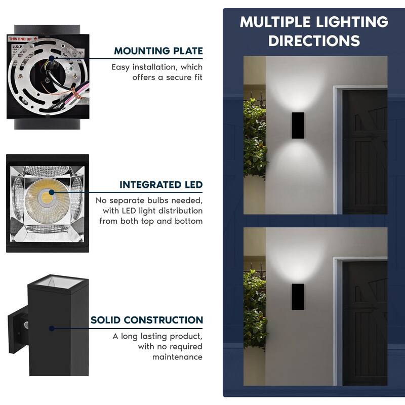 Luxrite Dusk to Dawn LED Outdoor Wall Light, 12", Up or Up and Down Light, 3CCT 3000K-5000K, 20/30/40W, IP65, ETL 2-Pack