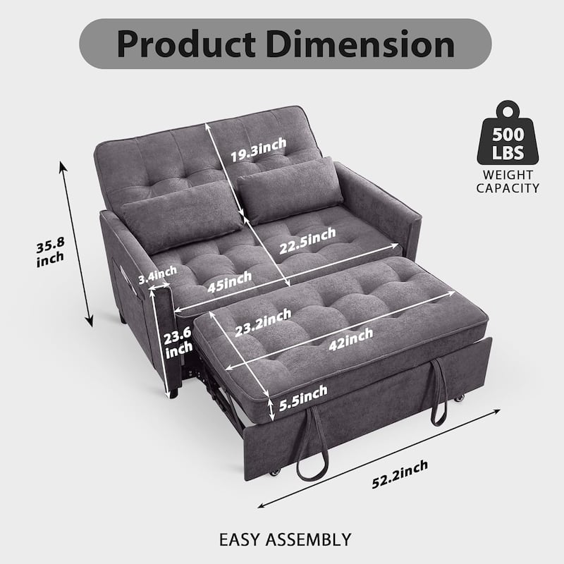 Convertible Sofa Bed,3 in 1 Pull Out Couch,Loveseat Sleeper with Adjustable Backrest,Side Pocket,USB Charging Port