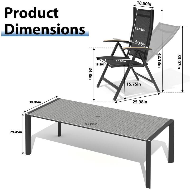 9-Piece Outdoor Patio Dining Set Wood Like Table Top Aluminum Rectangular Umbrella Hole Table with Folding Armrest Chairs