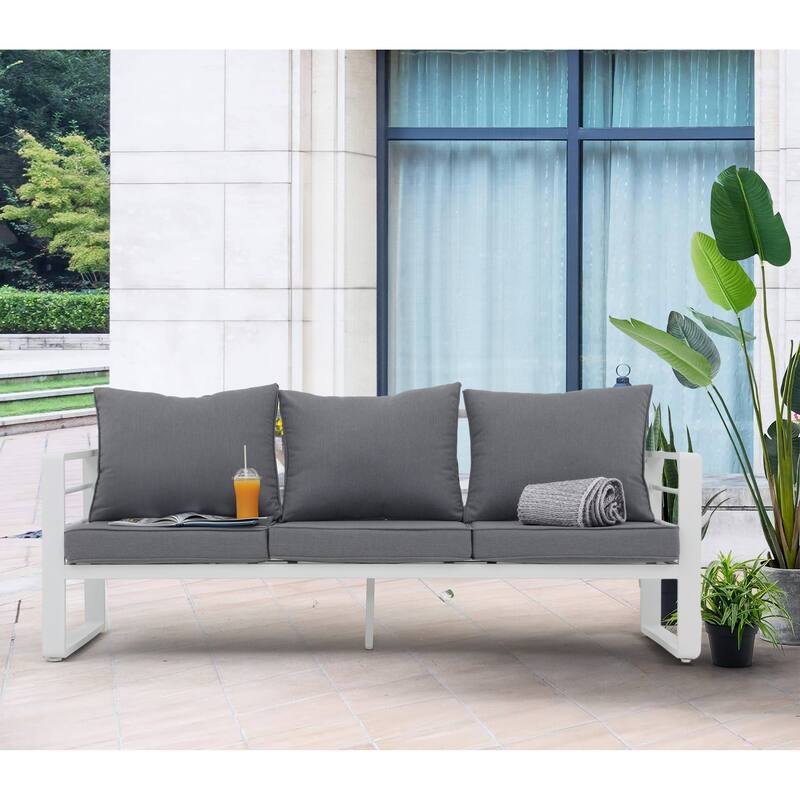 Outdoor Aluminum 3 Seater Sofa with Cushion - White/Grey