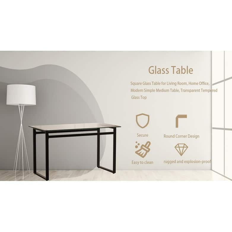 51" Modern Minimalist Rectangular Glass Dining Table for 4-6 with 0.31" Tempered Glass Tabletop and Black Chrome Metal Legs