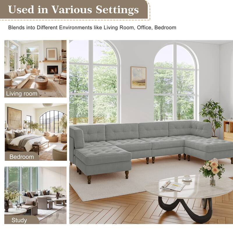 130"W Corduroy Upholstered Modular Sectional Sofa with Storage Ottoman