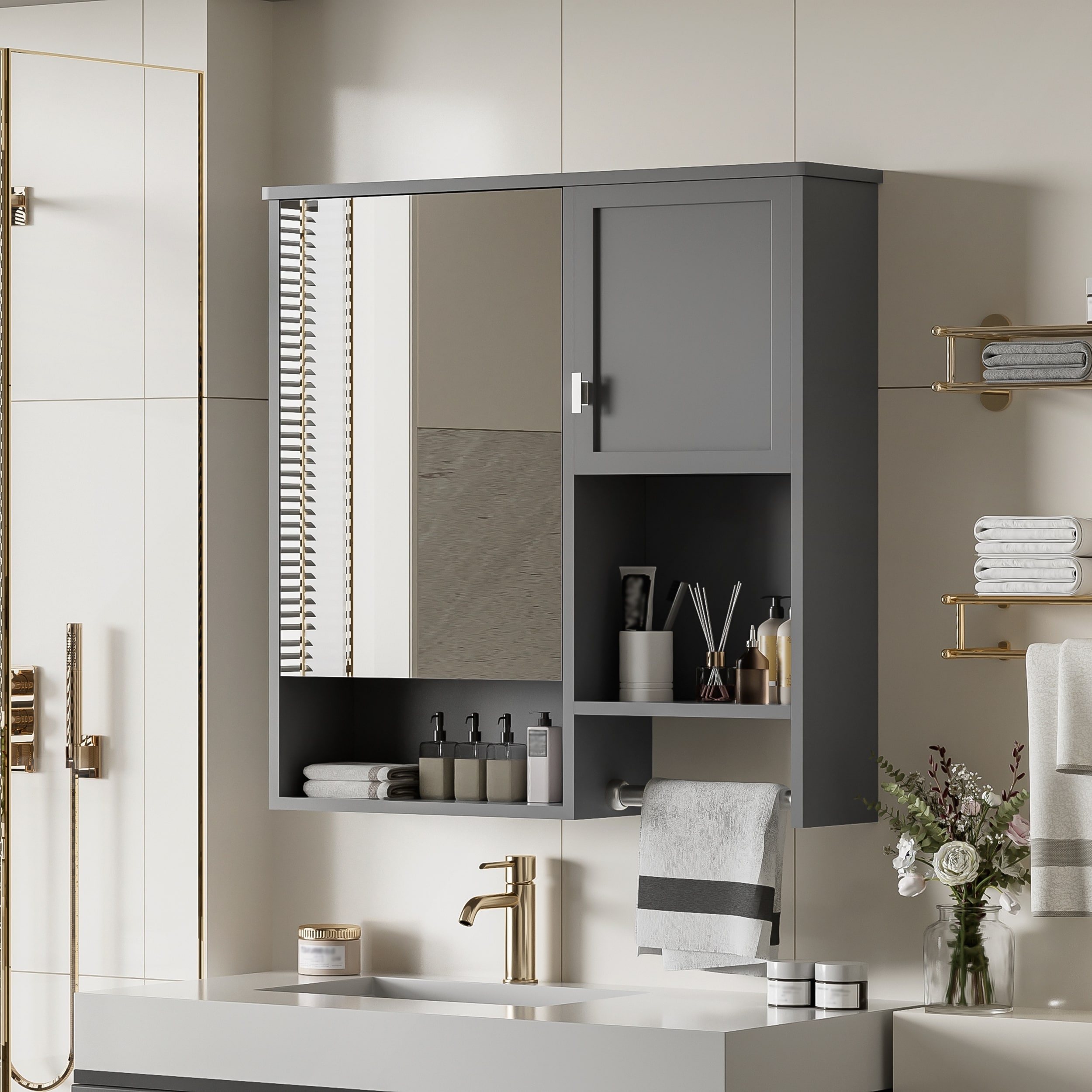 Modern Wall Mounted Bathroom Medicine Cabinet with Mirror and Towel Bar for Bathrooms