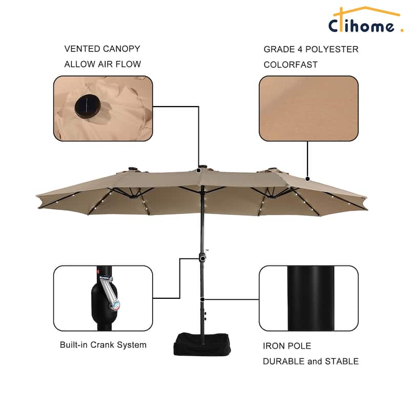 Clihome 15FT Double-Sided Solar Light Market Crank Umbrella with Base