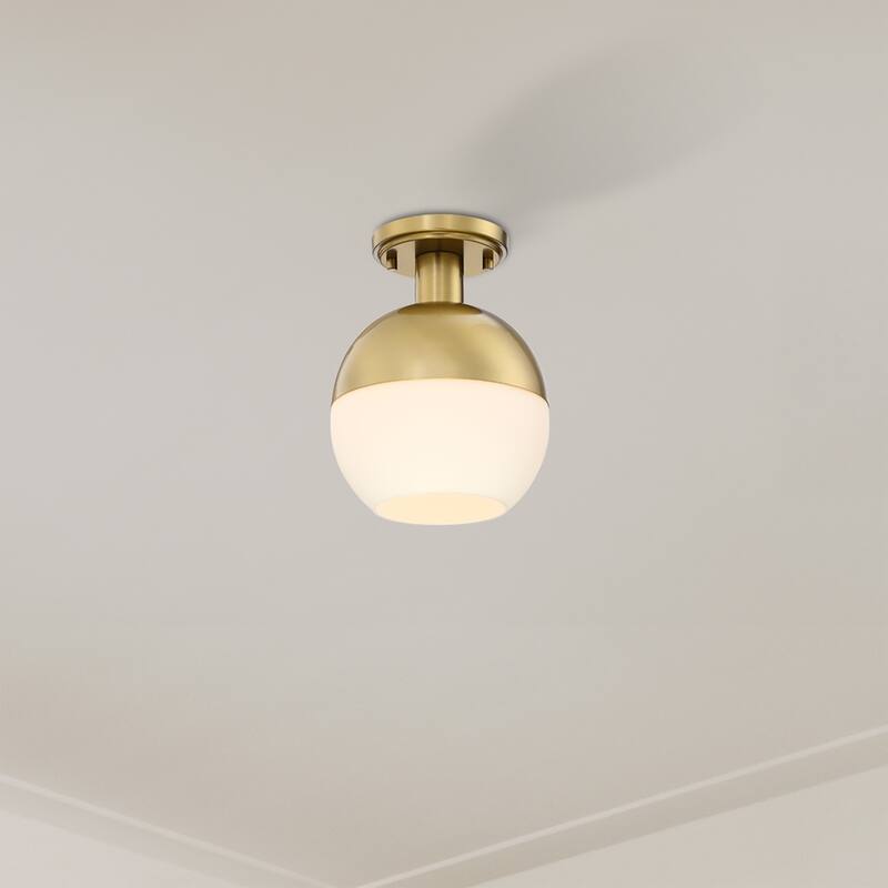 Linden 8 in. 1-Light Brushed Gold Mid-Century Modern Semi Flush Mount with Etched Opal Glass Shade for Bedrooms - 10.5