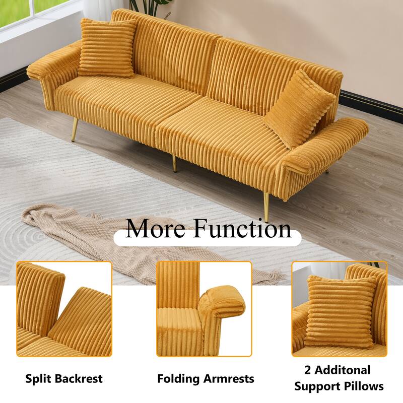 79" Corduroy Foldable Sofa Bed with 3-Position Armrests, High-Resilience Foam, and Metal Legs