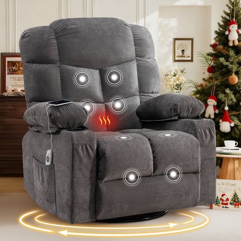 Oversized Massage Swivel Recliner Chair with Lumbar Heating for Living Room Rocker Recliner with Cup Holders and USB Charge Port - Gray