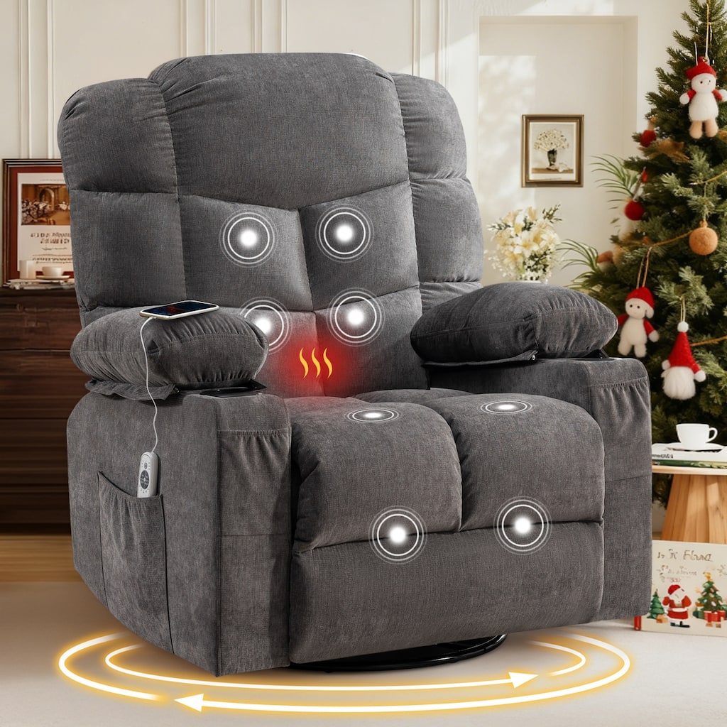 Oversized Massage Swivel Recliner with Heat USB Cup Holders for Adults