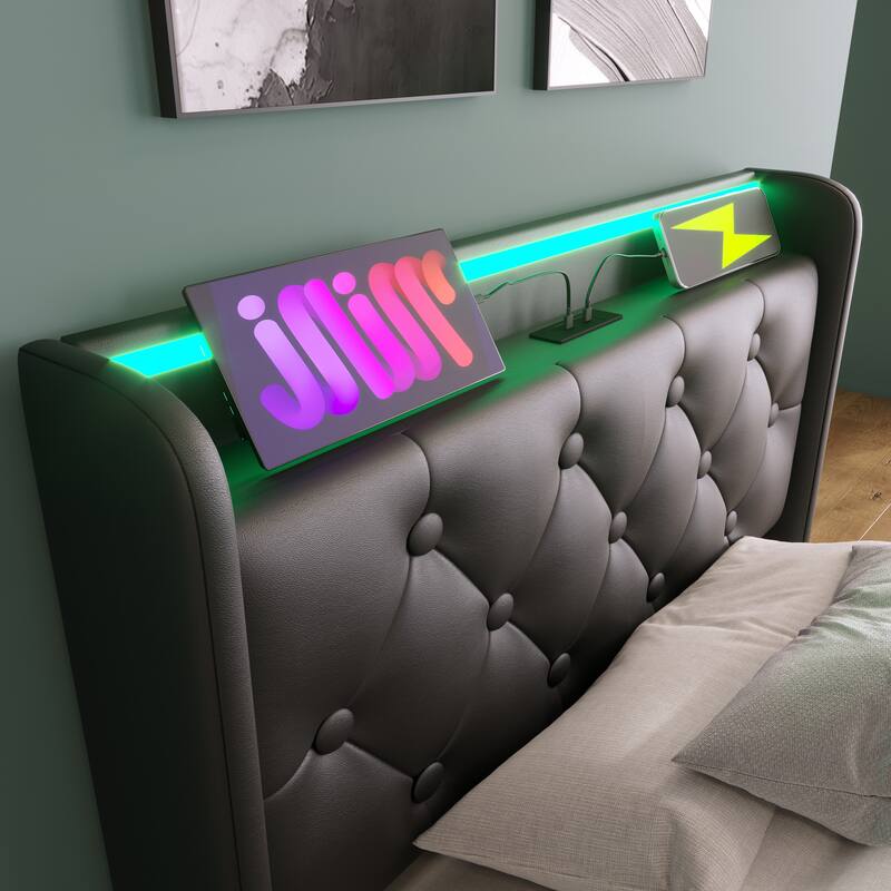 Metal Frame Storage Bed LED PU Upholstered Platform Bed, Twin