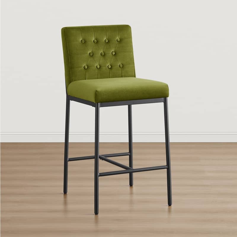 Spruce & Spring Velvet Tufted Counter Bar Stool with Metal Frame - Olive Green - Set of 4