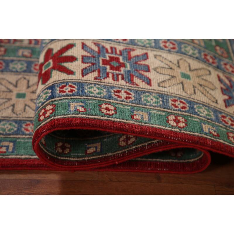 Red Geometric Kazak Oriental Area Rug Hand-Knotted Wool Carpet - 6'8" x 9'7"