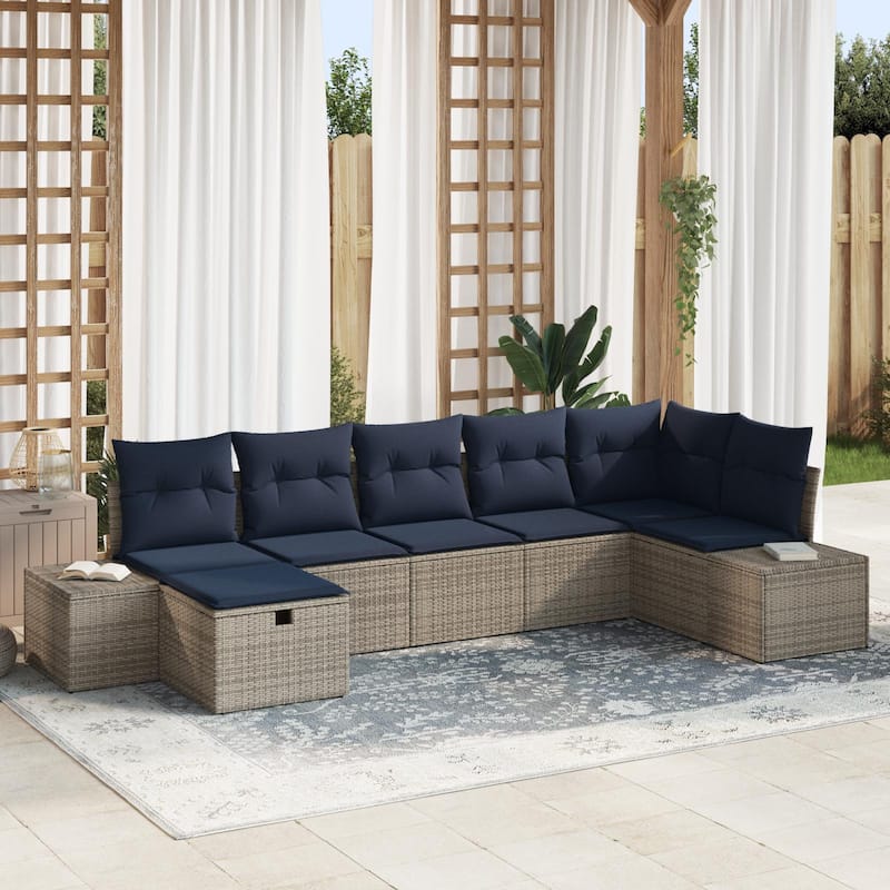 vidaXL 7/8 Garden Sofa Set with Cushions Black/Brown/Grey Poly Rattan - 125.6 x 60.6 x 27.2 - Grey without table
