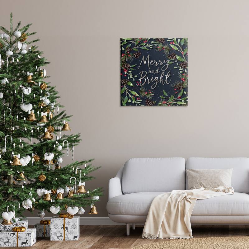 Stupell Merry & Bright with Holly Leaves Canvas Wall Art Design By Elizabeth Tyndall