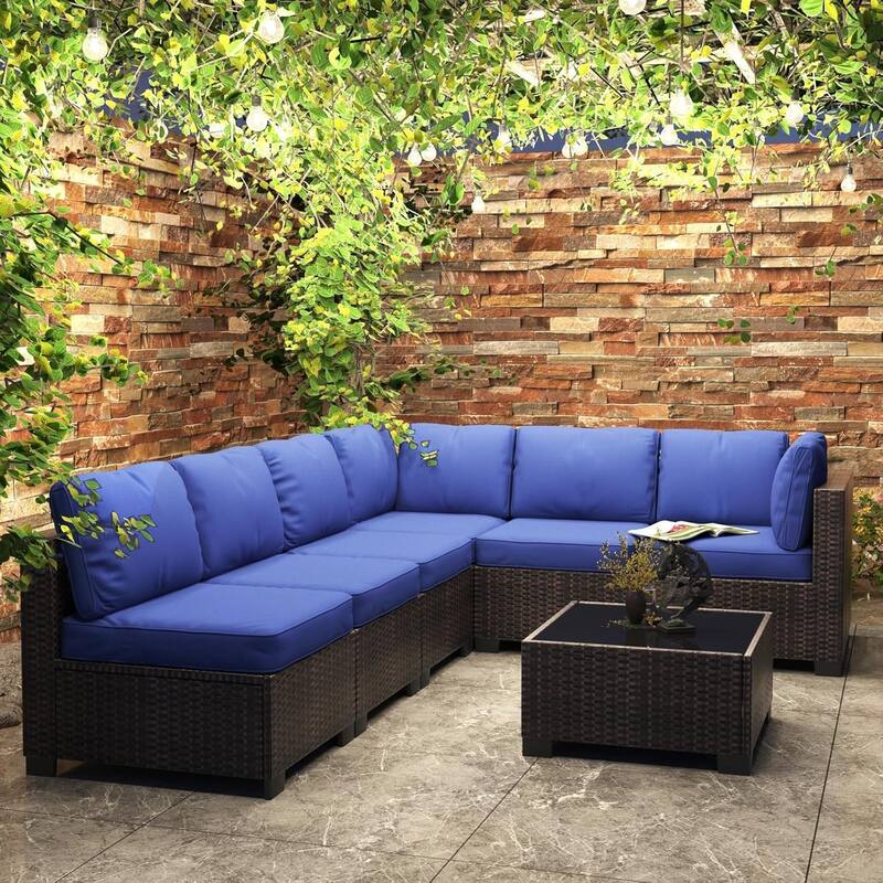 7-Piece Patio Conversation Sofa Set with Cushions and Glass Top Coffee Table