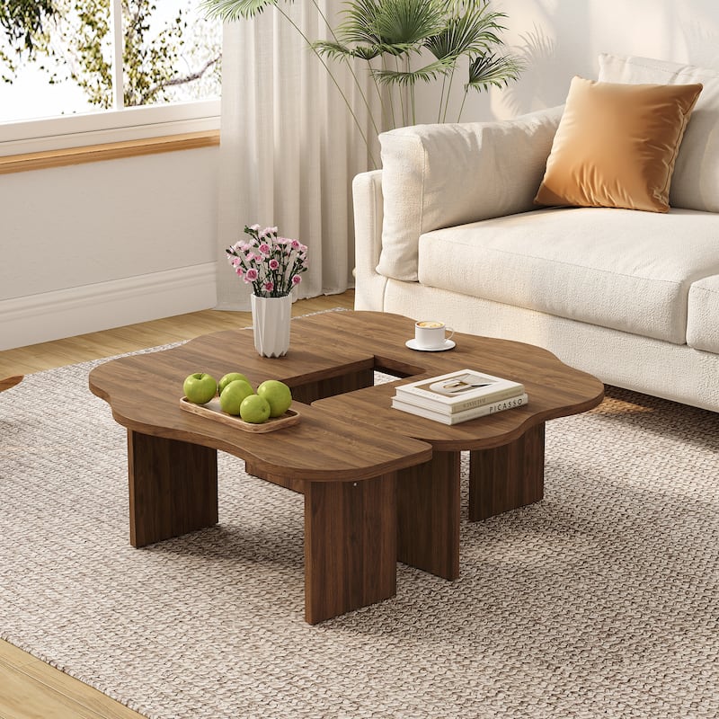 Mid-Century Modern Irregular Cloud 2-Piece Modular Coffee Table - Brown Wood, Living Room Center Table