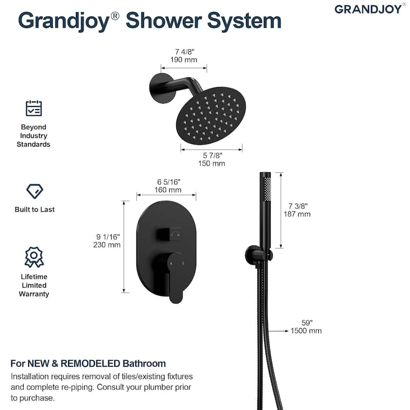 GRANDJOY Dual Shower Kit with Round Rainfall Head and Hand Shower, Lever Control Valve