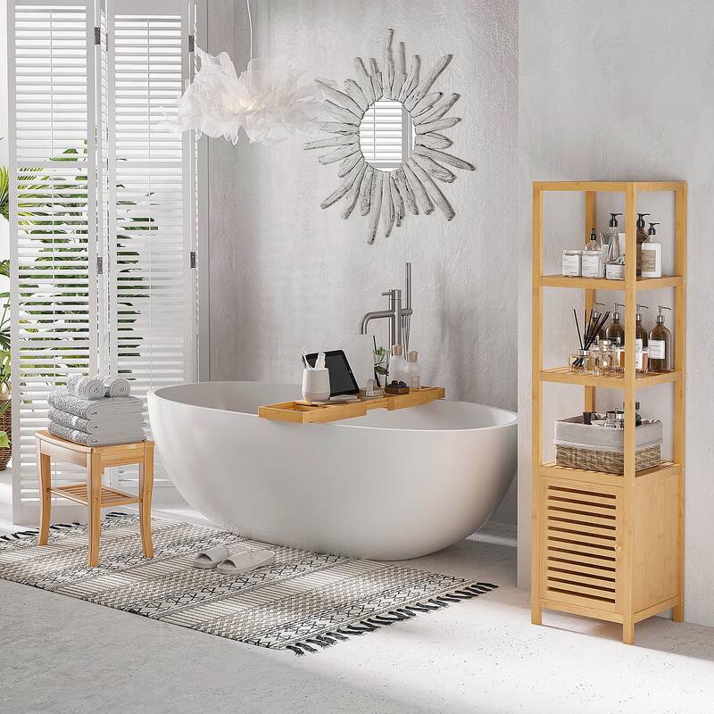 HomCom 20" Long Bamboo Wood Shower Bench Seat With Lower Storage Shelf - 10.25*19.75*17.5