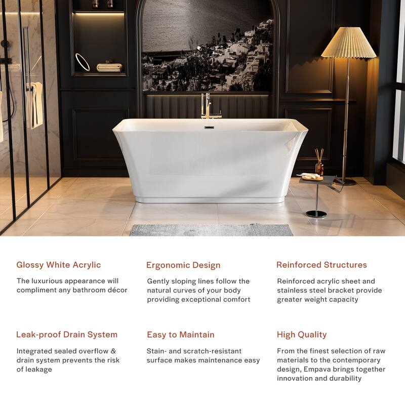 Empava 59 in. x 29.5 in. Freestanding Flat Bottom Bath Tub Soaking Bathtub with Center Drain in White