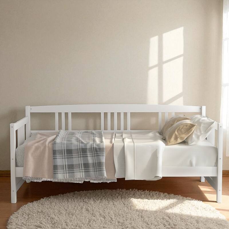 Modern Twin Size Solid Wood Daybed with 3-Sided Rail, Vintage Style Frame with Slats, Multifunctional Sofa Bed