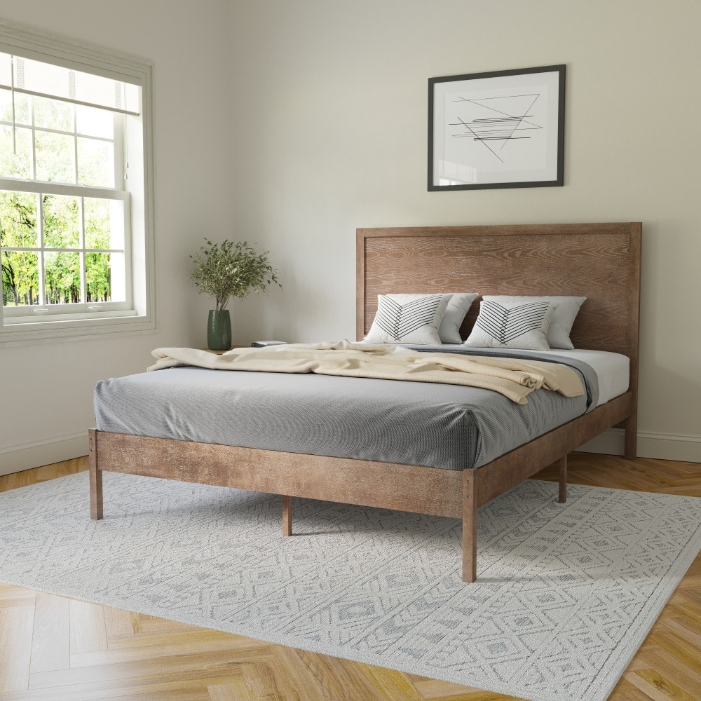 Solid Wood Platform Bed with Headboard and Wooden Slats