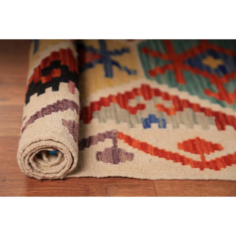 Geometric Kilim Oriental Area Rug Hand-Woven Multi-Color Wool Carpet - 8'9"x 9'7"
