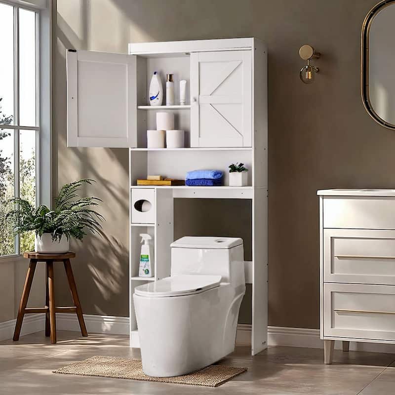 White Particle Board MDF Over Toilet Storage Cabinet 3-Tier with Adjustable Shelves - 32.09 x 7.68 x 67.44 in - White