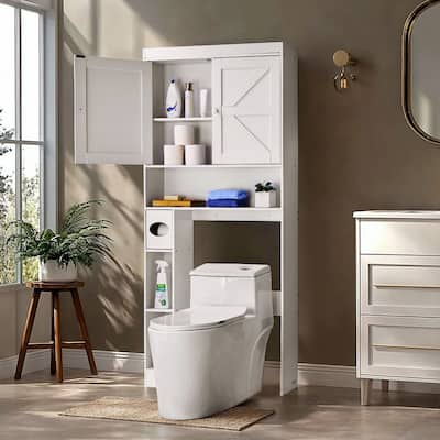 White Particle Board MDF Over Toilet Storage Cabinet 3-Tier with Adjustable Shelves - 32.09 x 7.68 x 67.44 in